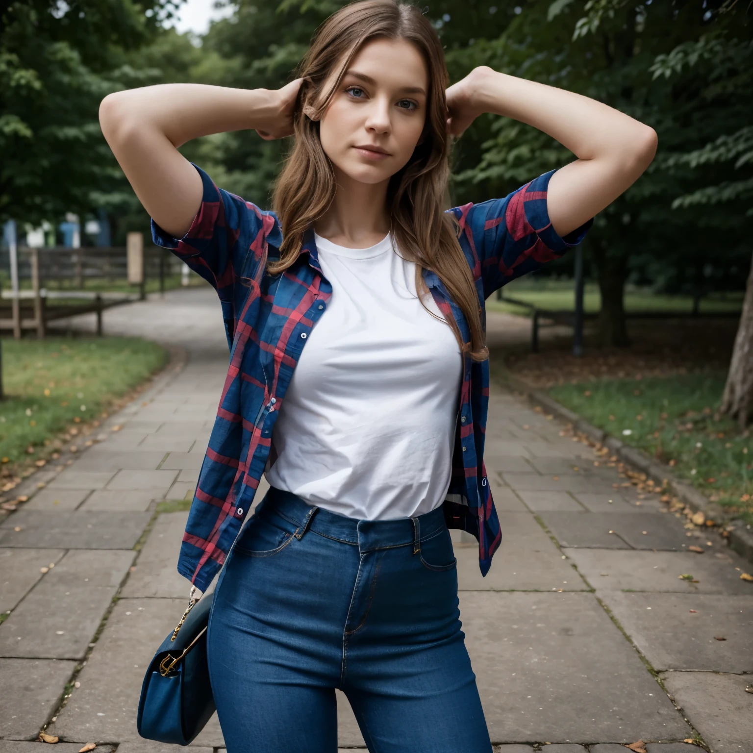 Eine Frau mit rotbraunen langen lockige welligen Haaren, langen Beinen, blauen Augen, who wears a red checked shirt or t-shirt and either jeans or plain leggings or a skirt