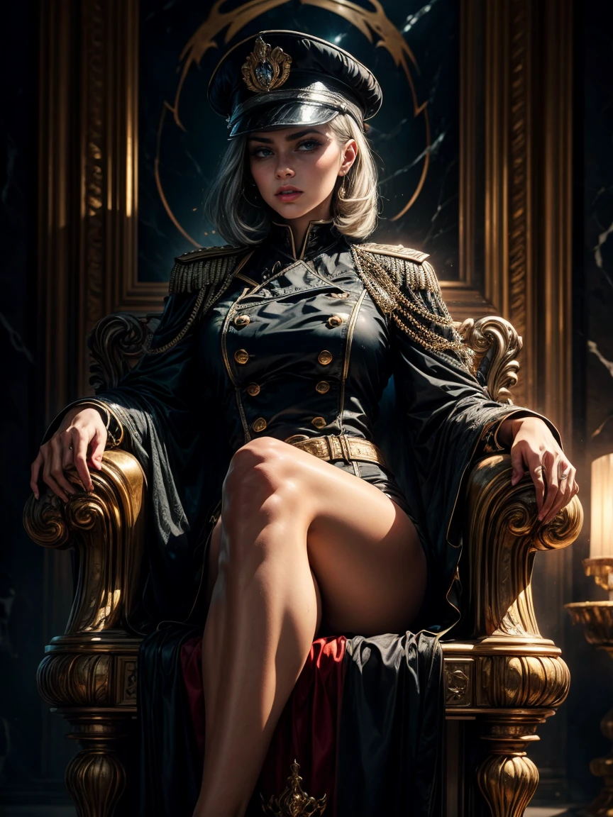 Chef-d'artwork, best quality, Ultra-detailed, 4K quality, yeux expressifs, Visage parfait, Anatomie parfaite, corps parfait, Realistic, 1 gfille, mature girl, tout le corps, Les cheveux long et noirs, pale skin, pupilles rouges, cicatrice sur le visage, detailed eyes, yeux parfaits, boucles d'oreilles en argent, Detailed lips, He sits on a black marble throne, High level black military uniform with silver and gold accessories, peaked cap, Empereur masculin, Souverain du royaume, ambiance sombre, legs crossed, thigh-shot