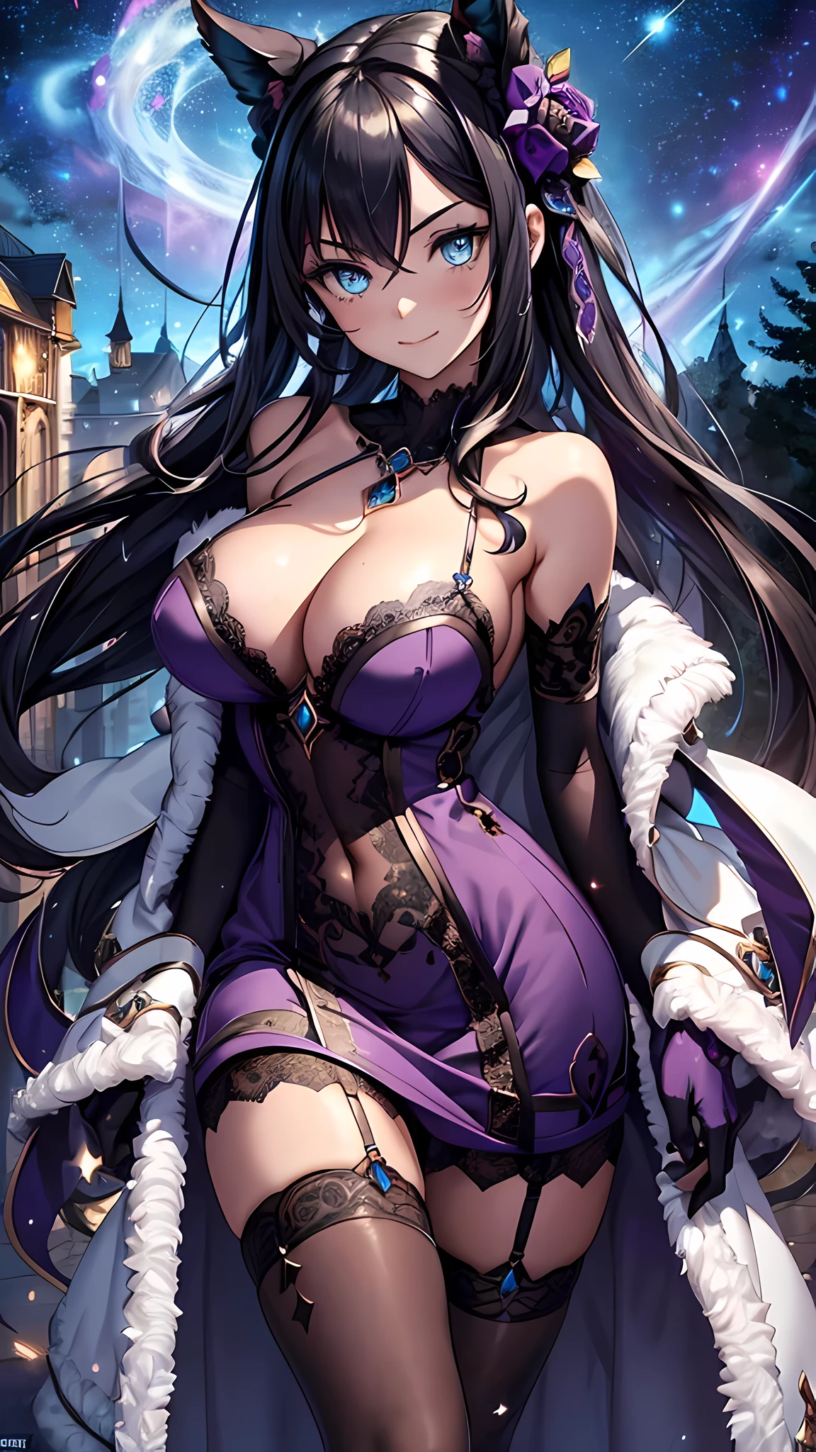 (masterpiece), best quality, expressive eyes, perfect face,((1girl)),(((mature woman))),(dark purple and dark blue ornate lace dress:1.5)),(bare shoulders:1.2),(elbow gloves),(huge breasts:1.3),black hair,crystal amulet,outdoors,(night:1.1),(starry sky:1.1),garter belt,high heels,middle hair,wavy hair,cleavage,looking at viewer,light smile, eyeshadows, eye liner,glistening eyes, hyper detailed eyes, intricate eyes, beautiful eye, ((glowing light blue pupils))、standing,head tilt,standing on one leg,sexy pose,smiles,(face focus),((fur coat:1.3)), gold bra,(body focus)