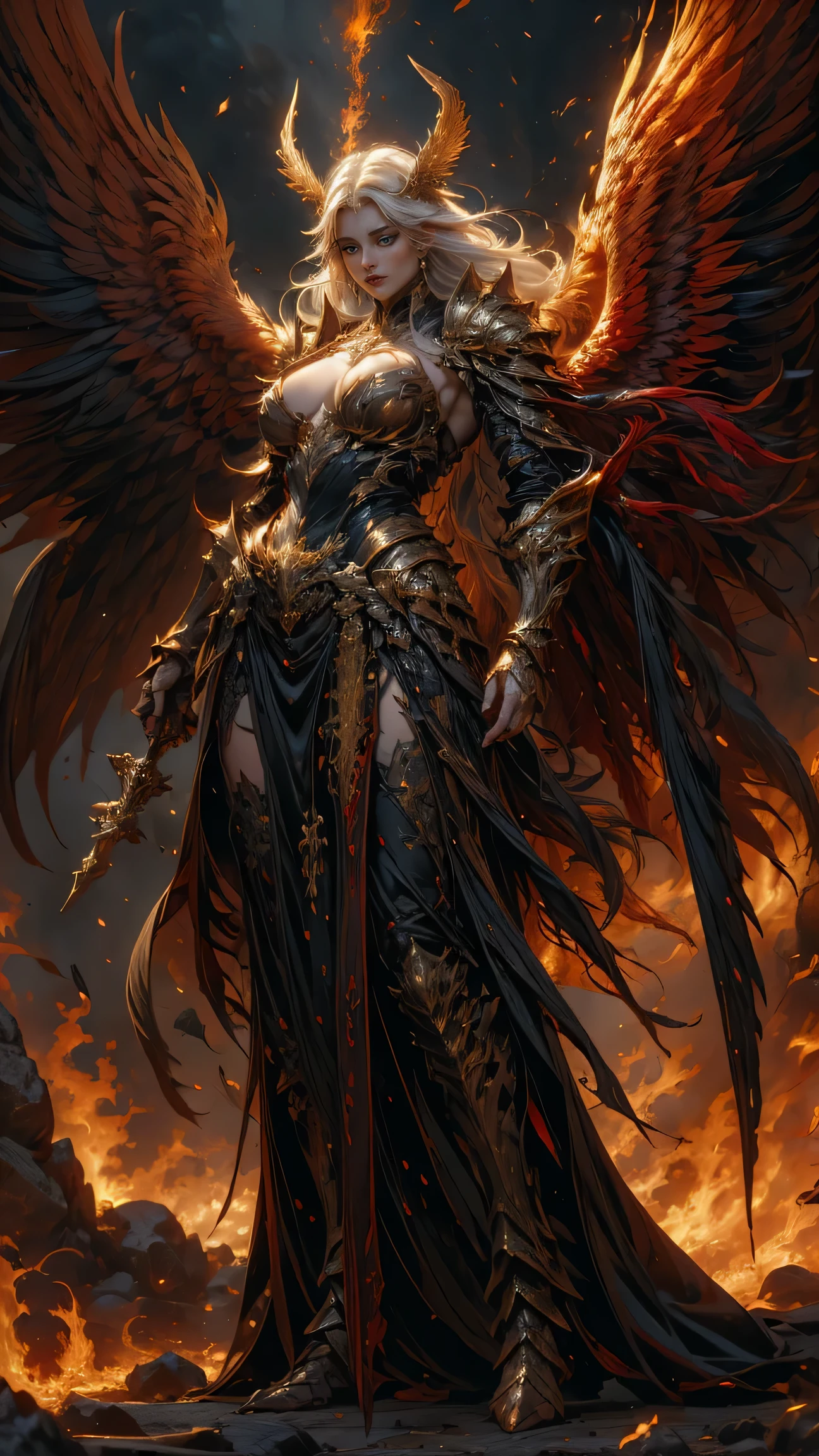 In the heart of the heaven a young arcangel woman with very long white hair, crimson gold warrior arcangel outfit with long neckline, extended arms with power, battle pose, extended wings with red and gold, in a battle field, creates a war atmosphere, legions of arcangels and techno demons on battle, energy and fire on every corner of the field. The angle of the scene is dynamic, capturing the intensity of the moment, fine quality golden eyes, eyes looking at the camera, ultra detailed, Beautiful and aesthetically pleasing, masterpiece, Best quality score, (fractal art: 1.3), Extremely detailed , dynamic angle, raytraced, full body, close up, dust and hard light