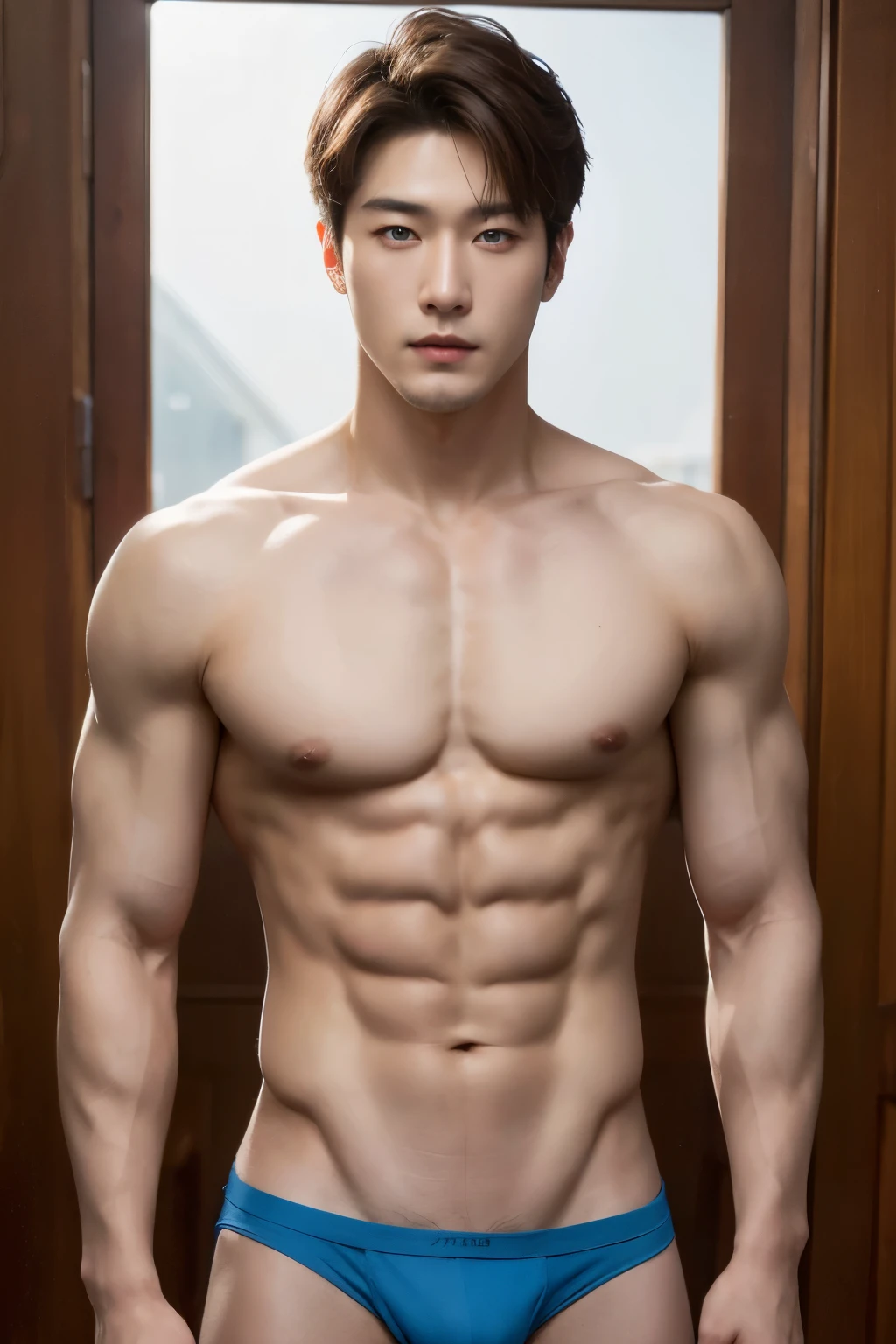 Create realistic images, High resolution photo with a handsome Korean guy, Heterochromatic blue colour eyes, He was shirtless..,show his full abs, wearing only black micro thong nice skin,Open it up...,short light brown hair.,strong