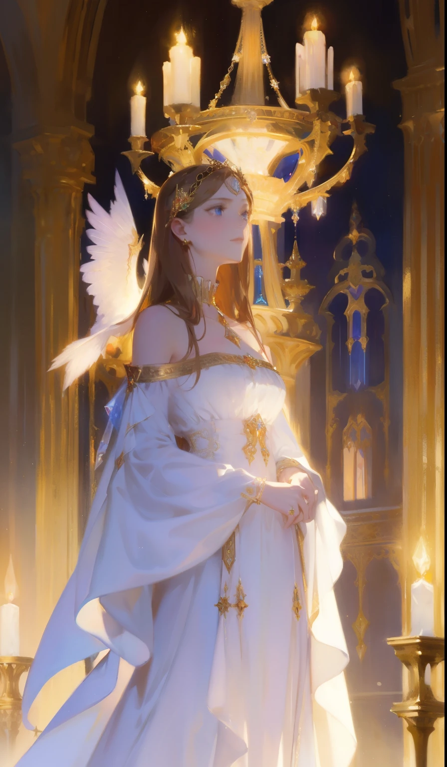 Fantasy, 19th century, empress, woman, delicate face, pale brown long hair, blue eyes, in a white royal dress with open shoulders, gold patterns on fabric, crystal jewelry, with a scarlet ribbon over the shoulder with the regalia of the monarch, Gothic castle made of white stone on the background, light, day, hd