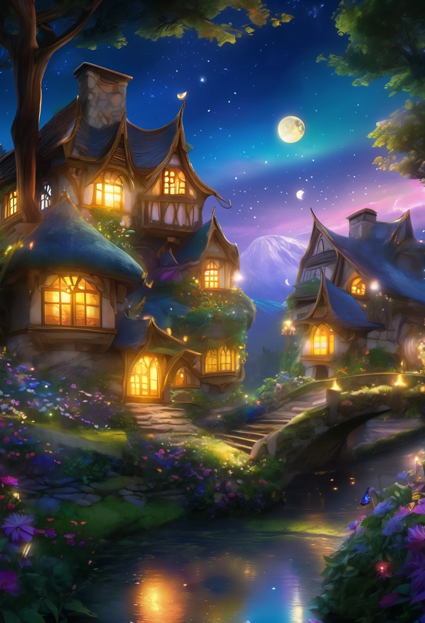 (best quality,4k,8k,highres,masterpiece:1.2),ultra-detailed,(realistic,photorealistic,photo-realistic:1.37),beautiful enchanted fantasy surrealism,moonlit night in a beautiful ethereal fantasy village,moon goddess abstract vibes,villagescape,phone wallpaper,magical fantasy world,enchanting fairytale village,ethereal moonlit night,mysterious and dreamlike,serene and otherworldly ambiance,soft moonlight illuminating the scene,twinkling stars scattered across the sky,tall, slender trees with sparkling leaves,warm glow emanating from the windows,whimsical and colorful buildings,ornate towers and domes,old stone bridges crossing over shimmering rivers,picturesque cobblestone streets winding through the village,enchanted flowers blooming in vibrant hues,floating lanterns adding a magical touch,twinkling fireflies dancing in the air,lush and lush greenery,peaceful ambiance enveloping the scene,moon goddess casting a gentle glow,veil of mystery and enchantment,ethereal music filling the air,peaceful and calm atmosphere,dreamy and surreal landscape,tranquil and serene environment,warm and inviting feel,cozy and comforting,dream-like atmosphere,mystical aura permeating the air,elegant and magical scene,evokes a sense of wonder and awe,transformed into a surreal wonderland,perfect balance of fantasy and reality,a place where dreams come true,a glimpse into a magical realm,phone wallpaper that transports you to another world.