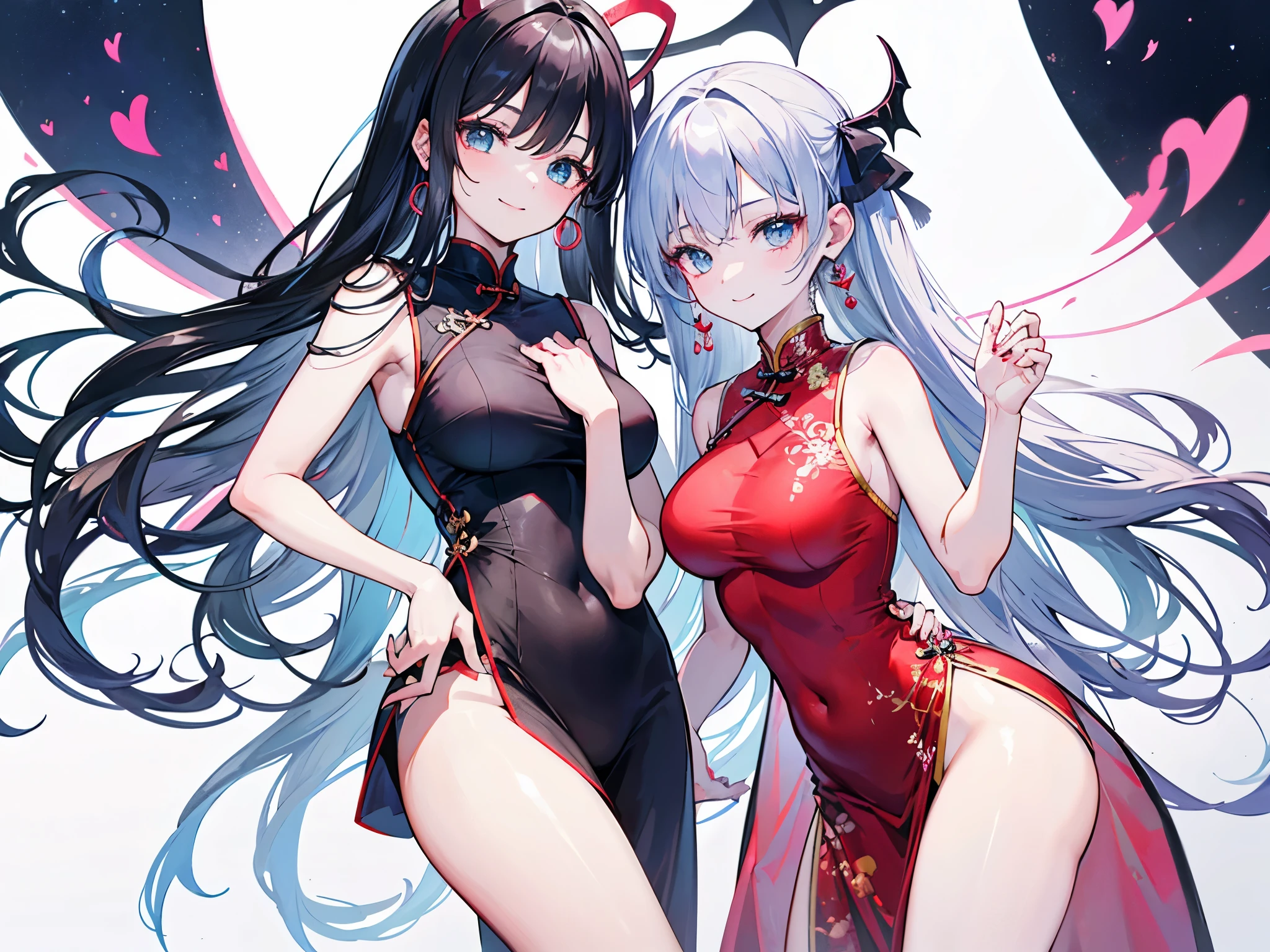 Demon and Angel 4K Girl with black hair, , medium bust. Light blue eyes, long hair, tied in a bow on the left...,, wearing a Chinese dress, showing thighs, wearing earrings, hands clasped in a heart shape. With a smiling face.