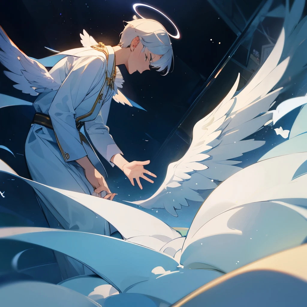anime character with White Wings and a white shirt, !! takeshi amano!!, Big white glowing wings, l · lawliet, kaworu nagisa, White Wings, Moon Yagami, Natsume Yuujinchou, 全身の雄大なAngel, Angel, Hajime Yatate, Silver Wings, Moon Yagami, young wAngel