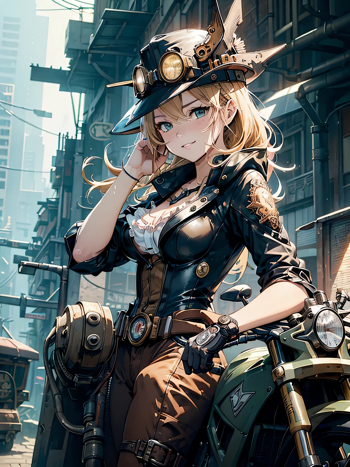 (comic book style),(line drawing_anime),(cowboy shot, highest quality, ),(Laura Budd Photos:1.2),(Laura Add Details:1.0),8K, flat color:0.8,1 girl,smile、(Steampunk bike ride 1.5)、Exquisitely decorated motorcycle、(Highly decorative and complex mechanical steampunk fashion, lace flare dolphin hat、goggles 1.5、machinery background、Gear background、Intricately mechanized steampunk cityscape 1.5),