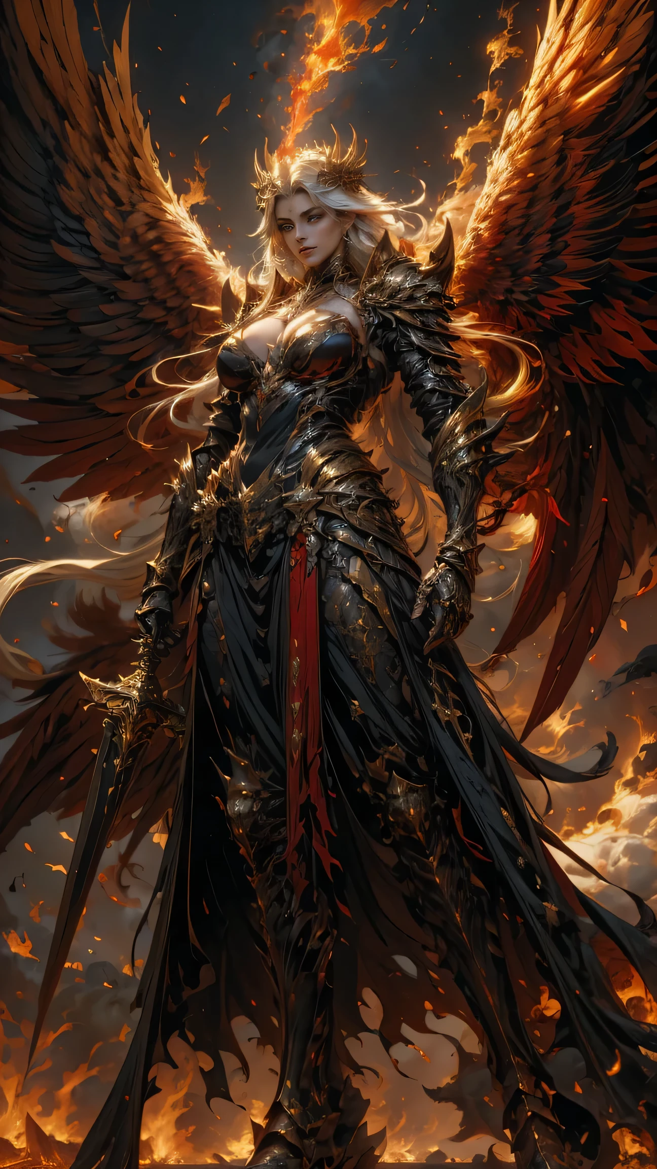 In the heart of the heaven a young arcangel woman with very long white hair, crimson gold warrior arcangel outfit with long neckline, extended arms with power, battle pose, extended wings with red and gold, in a battle field, creates a war atmosphere, legions of arcangels and techno demons on battle, energy and fire on every corner of the field. The angle of the scene is dynamic, capturing the intensity of the moment, fine quality golden eyes, eyes looking at the camera, ultra detailed, Beautiful and aesthetically pleasing, masterpiece, Best quality score, (fractal art: 1.3), Extremely detailed , dynamic angle, raytraced, full body, close up, dust and hard light