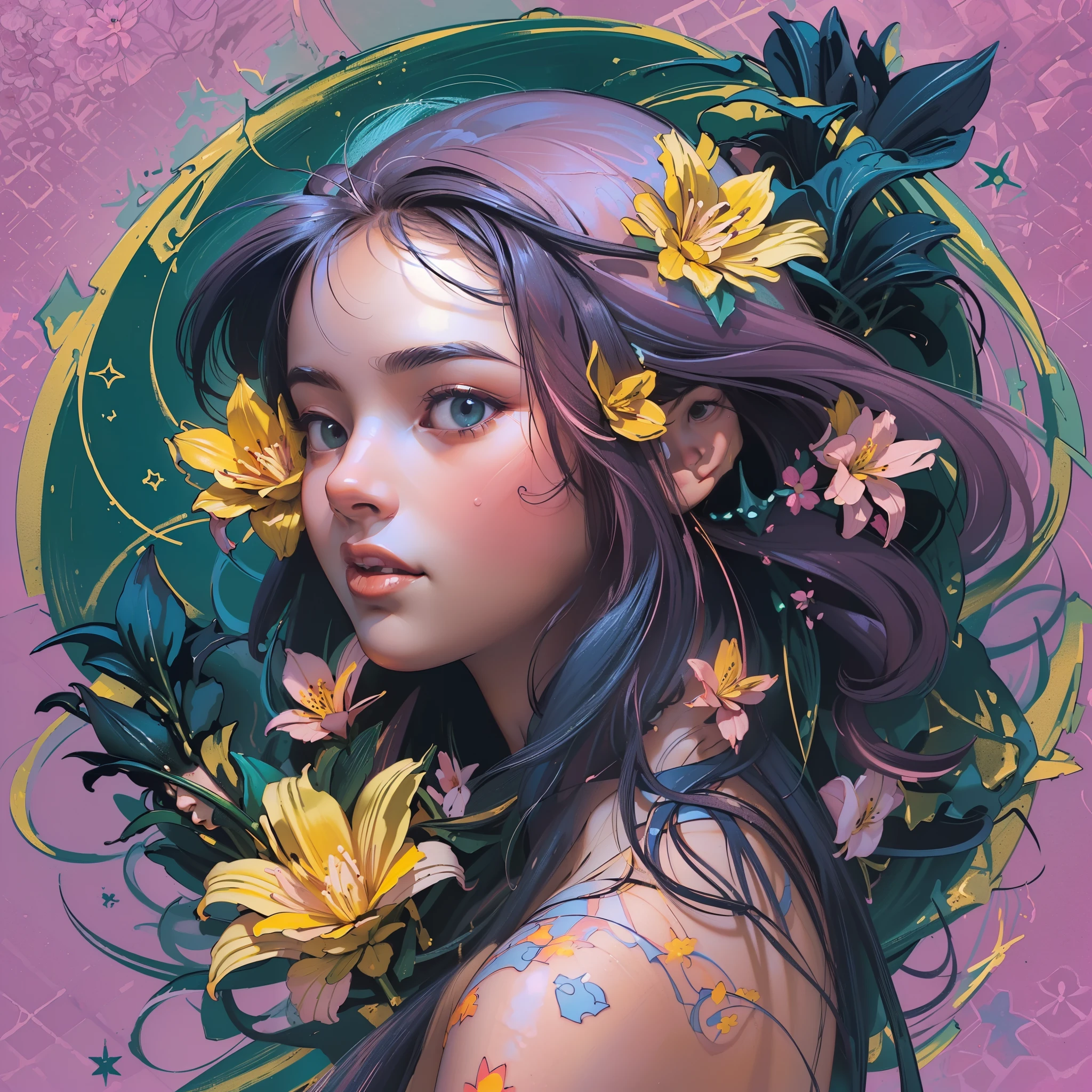 ((1 girl - solo, full length, waist-length, loose - relaxed pose, standing)), ((masterpiece, best quality: 1.3), (ultra detail: 1.3), (best quality, high resolution, photo-realistic: 1.37)). ((Orange, pink, white, and green details), (girl, in flower-T tattoos, starry sky-white hair), (dark hair, shoulder-length, long hair), (elegant body, dark stylish T-shirt, tech clothes: 1.1), (beautiful hands in jewelry bracelets, tattoos, (Rockstar)). ((Calm look, relaxed pose, standing)). ((Abstract background with lines and circles), (Technical background - abstraction), (high-tech), (many flowers - lilies), (flowers look amazing), mostly in light colors: (white, blue, yellow, gold)).((Best quality), (surrealism: 1.3), (masterpiece: 1.2), (fantasy: 1.2, surrealism: 1.3), ((High resolution, sharp image), (best quality: 1.37), (realistic 3D visualization), (adjustments, soft light-shadow, flooded sunlight, contrast shadows – cold tones, warm soft light)). (Technical background - abstraction), (modern style, HD detail, cinematic, surrealism, Deep focus, ray tracing, Diffusion)).