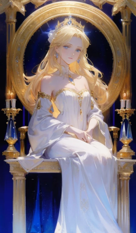 Fantasy, 19th century, empress, woman, delicate face, pale blonde hair, blue eyes, in a white royal dress with open shoulders, gold patterns on fabric, crystal jewelry, with a scarlet ribbon over the shoulder with the regalia of the monarch, Gothic castle made of white stone on the background, light, day, hd