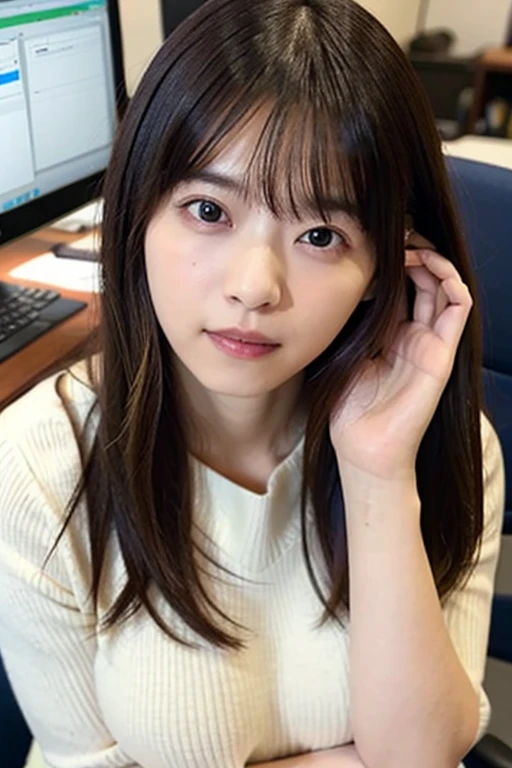 highest quality, 16k, girl, 48 years old, Raw photo, professional photography, portrait, late night office,dark lighting、 Weak contrast、professional lighting, alone, sitting in front of the computer、笑face, close, face, close, cute, girly, goddess, 繊細なgirl, pure beauty, Digital single-lens reflex camera, avert your eyes, Frank, Sophisticated, film grain, (目とfaceの詳細:1.0), long hair swaying in the wind, bangs, (A loose white cashmere sweater、Vneck)、navy pleated skirt、smooth and beautiful thighs、beautiful feet、(big breasts:1.5)、deep cleavage、cute hanging eyes、