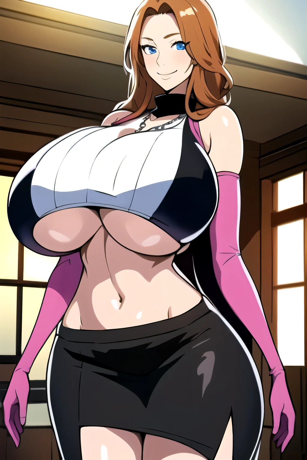 masterpiece, best quality, matsumoto rangiku, beautiful lighting, long hair, turtleneck, crop top, pencil skirt, (underboob : 1.4), necklace, gigantic breasts, standing, looking at viewer, blue eyes, smile, japanese architecture, cowboy shot, shiny skin, gigantic breasts, curvy, seductive smile, bare shoulders, elbow gloves