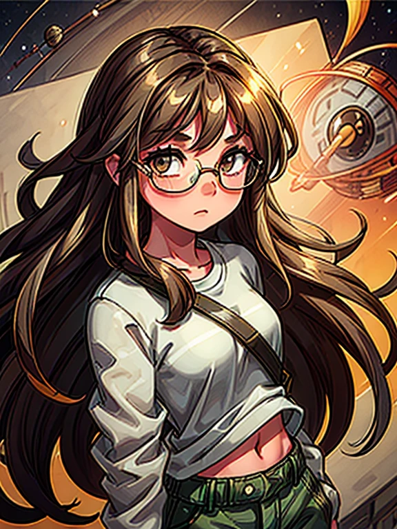 Girl with long brown curly hair, brown eyes, wearing gold circular glasses, a green and gray striped shirt, black pants, floating in space
