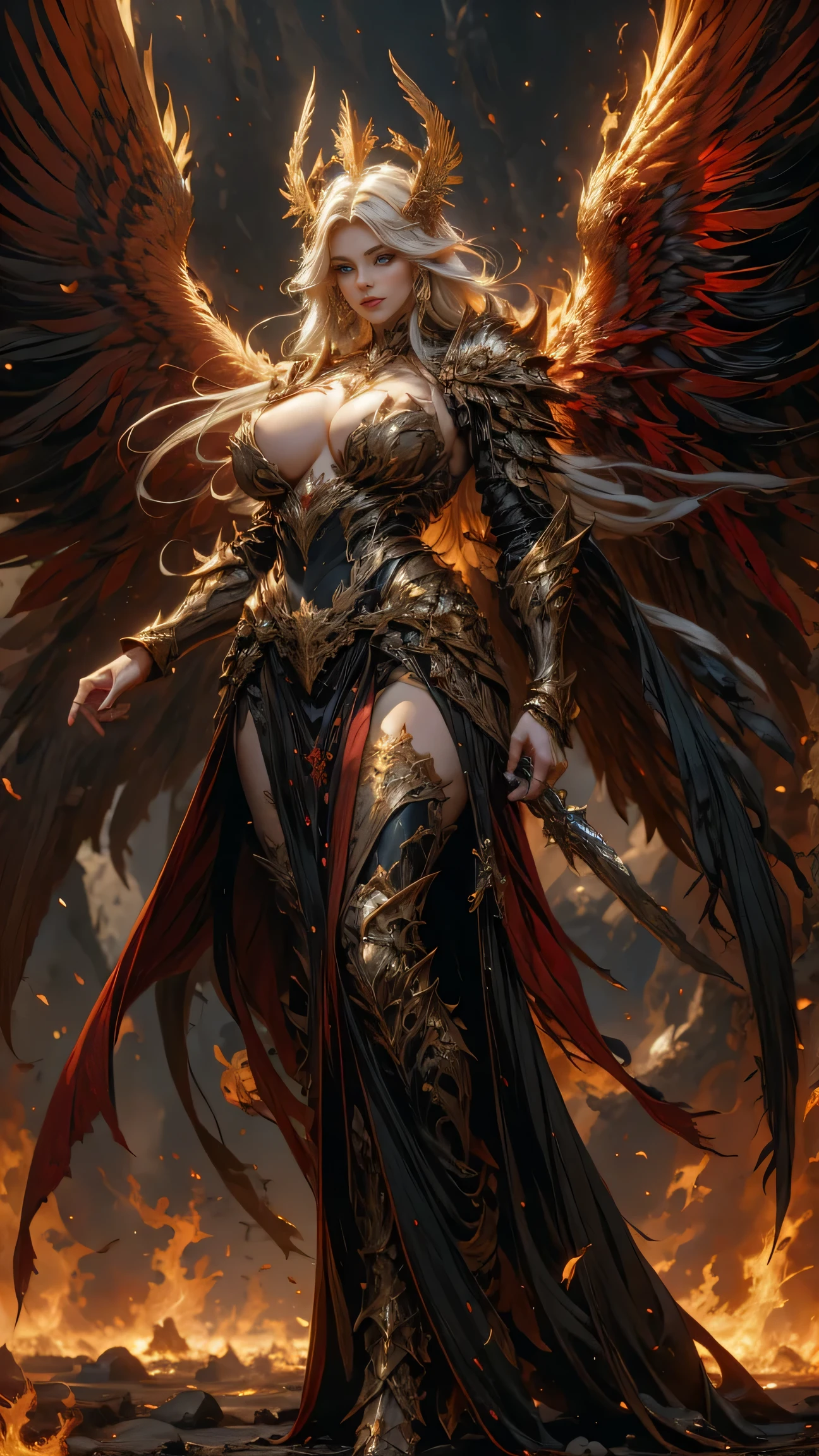 In the heart of the heaven a young arcangel woman with very long white hair, crimson gold warrior arcangel outfit with long neckline, extended arms with power, battle pose, extended wings with red and gold, in a battle field, creates a war atmosphere, legions of arcangels and techno demons on battle, energy and fire on every corner of the field. The angle of the scene is dynamic, capturing the intensity of the moment, fine quality golden eyes, eyes looking at the camera, ultra detailed, Beautiful and aesthetically pleasing, masterpiece, Best quality score, (fractal art: 1.3), Extremely detailed , dynamic angle, raytraced, full body naked, close up, dust and hard light, huge breast