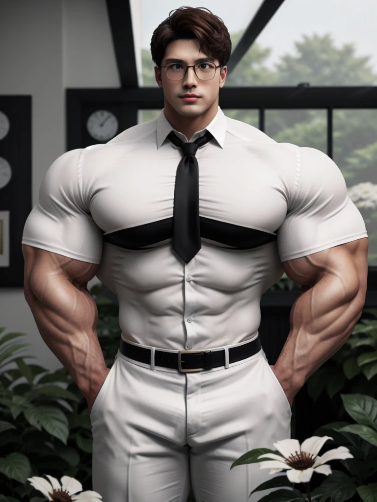 masterpiece, ONYX11, A 28-year-old mature male with strong muscles, Look at viewer, Line of sight focusing, Stand, Wearing a white short-sleeved shirt, Black tie, Breast flower, Brown hair, Indoor, Outside the window is the garden, Rimless glasses, textured skin, strong body, brutalmass, massive body, giant, bulk, large size, super detail, best quality, 8k