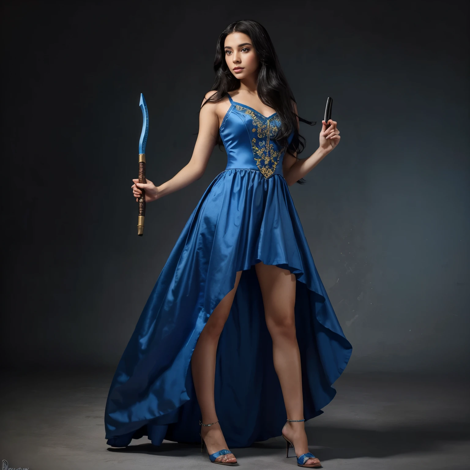 a disney princess has on a blue dress and shoes and she's holding a wand, 1girl, solo, long hair, black hair, arabian clothes