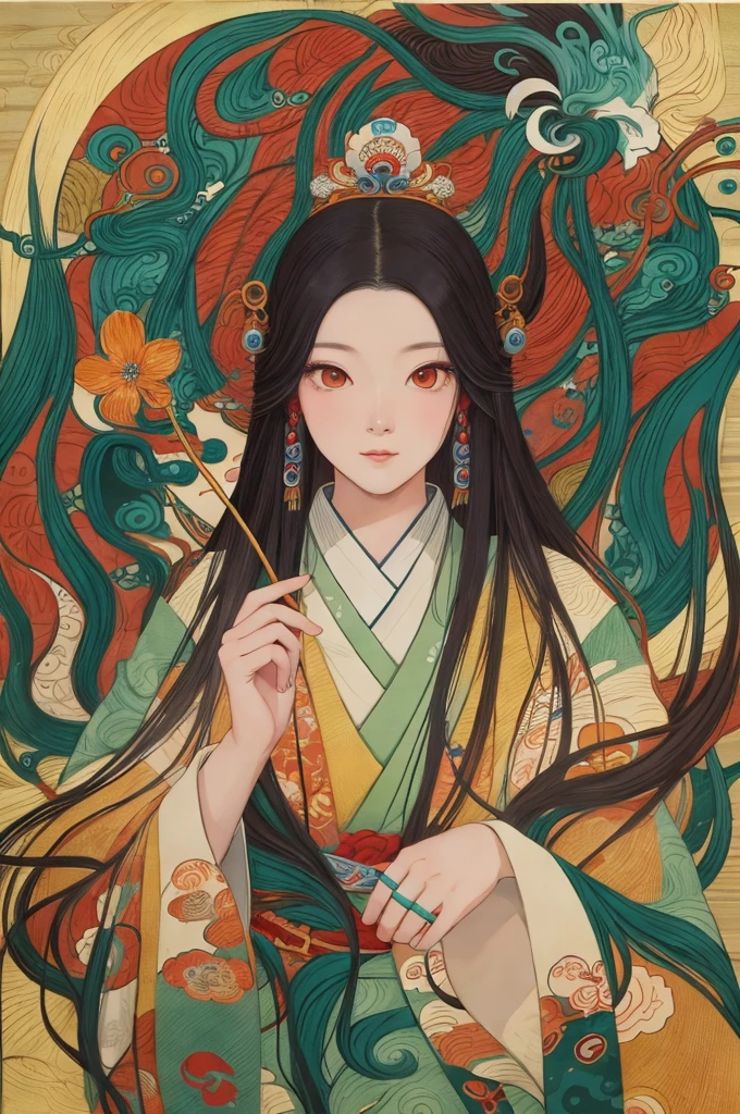 a painting of a woman with long hair and a flower in her hand, korean art nouveau anime, japanese goddess, flowing hair and long robes, anime fantasy illustration, inspired by Sōami, akira from chinese mythology, japanese art style, a beautiful kitsune woman, inspired by Nōami, inspired by Tsukioka Yoshitoshi, autumnal empress