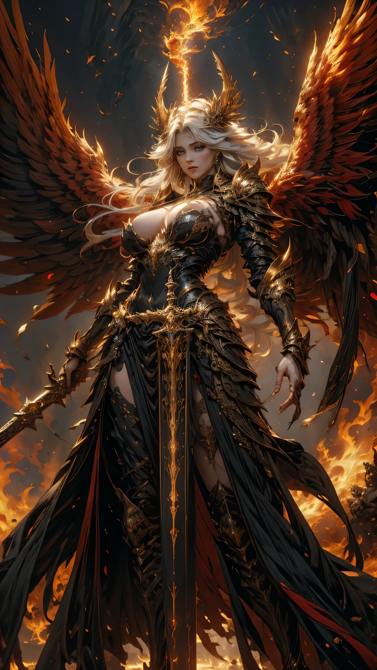 In the heart of the heaven a young arcangel woman with very long white hair, crimson gold warrior arcangel outfit with long neckline, extended arms with power, battle pose, extended wings with red and gold, in a battle field, creates a war atmosphere, legions of arcangels and techno demons on battle, energy and fire on every corner of the field. The angle of the scene is dynamic, capturing the intensity of the moment, fine quality golden eyes, eyes looking at the camera, ultra detailed, Beautiful and aesthetically pleasing, masterpiece, Best quality score, (fractal art: 1.3), Extremely detailed , dynamic angle, raytraced, full body naked, close up, dust and hard light, huge breast