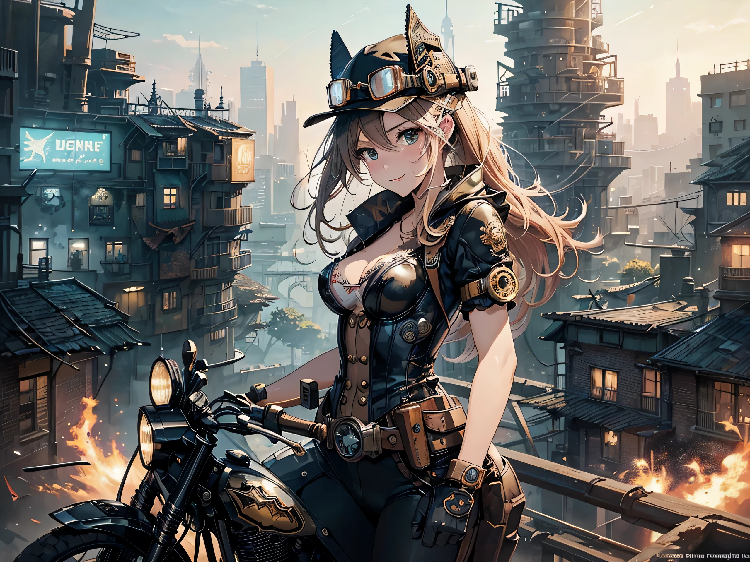 (comic book style),(line drawing_anime),(cowboy shot, highest quality, ),(Laura Budd Photos:1.2),(Laura Add Details:1.0),8K, flat color:0.8,1 girl,smile、(Steampunk bike ride 1.5)、Exquisitely decorated motorcycle、(Highly decorative and complex mechanical steampunk fashion, lace flare dolphin hat、goggles 1.5、machinery background、Gear background、Intricately mechanized steampunk cityscape 1.5),