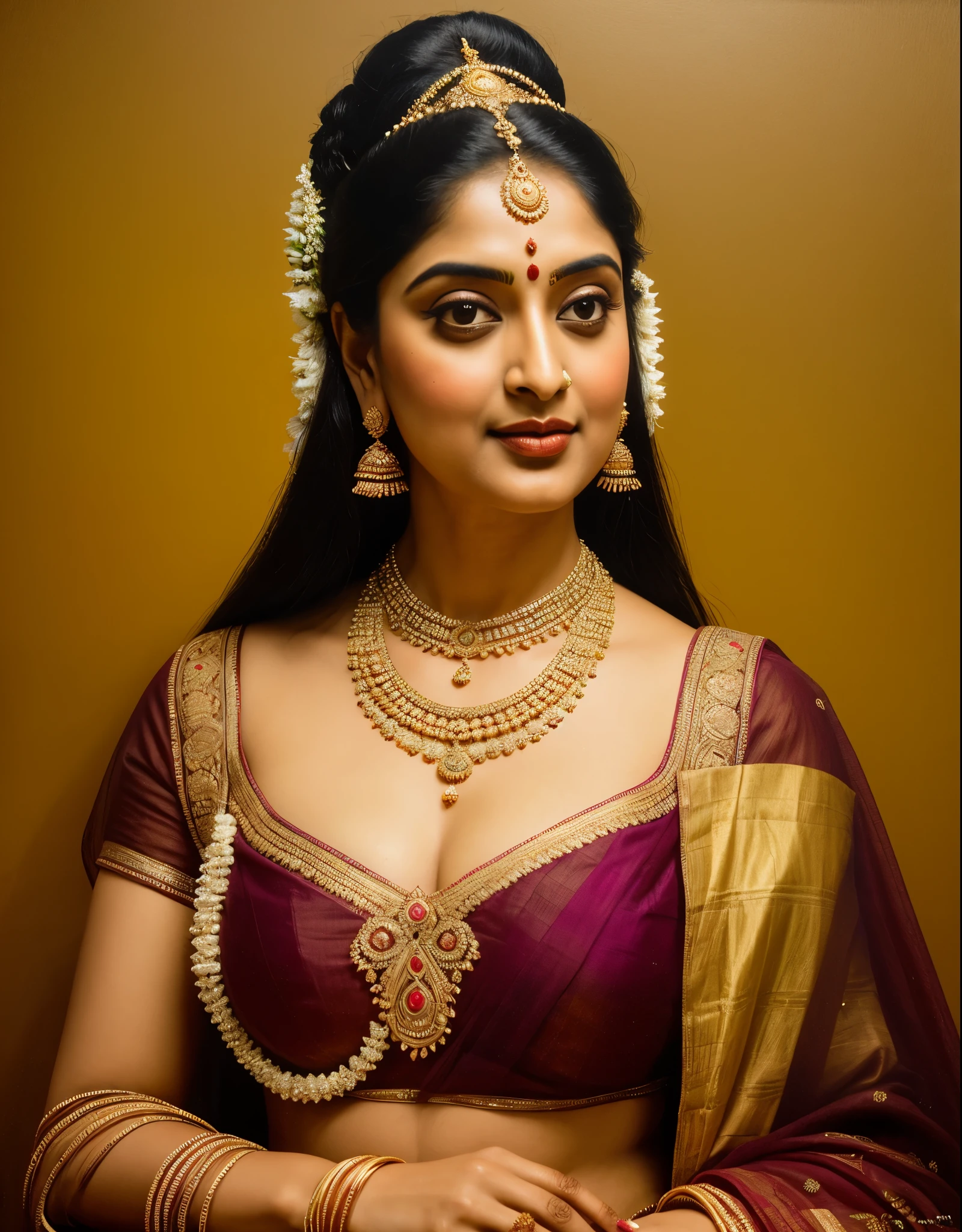 Beautiful painting of a woman in a sari with a necklace and earrings, beautiful thick figure, Thick curvy beauty, looks like Sandeepa Dhar, inspired by Raja Ravi Varma, szukalski ravi varma, portrait of a beautiful goddess, by Raja Ravi Varma, indian goddess, traditional beauty, a stunning portrait of a goddess, inspired by T. K. Padmini, indian art, indian goddess of wealth, portrait of a goddess, masterpiece, intricate,