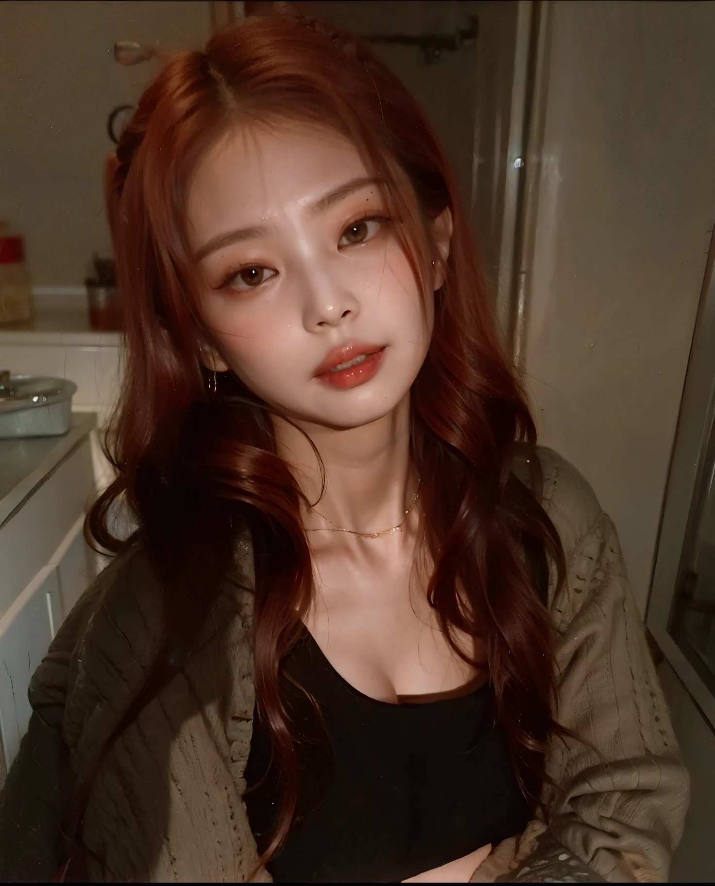 (medium shot, upper body:1.3) photo of a pondering, (closed mouth:1.5) hopeful petite young 29 year old (Cantonese:1.3) (porn star:1.3) woman with long wavy angled red hair, black eyes, (small breasts:1.3), big ass, (perfect hands:1.3). She is wearing a (camoflauge lace long flowing dress, sneakers:1.1). She is sexily sitting at a table facing right, in a restaurant with vehicles and lights, midnight, raining. detailed skin texture, detailed cloth texture, detailed face, (intricate sharp details:1.5), ultra high res