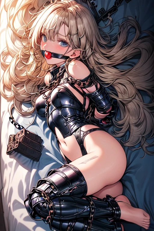 Shiny blond hair, very long hair, sophisticated haircut, (small twisted braids:1.1), thin and oval face, submissive, (gagged:1.3), cute and blushing 18 years old anime girl, bright blue eyes, detailed face, detailed members, detailed arms, detailed hands, Girl lying, tied by chains, shackled, can no longer move, tied tightly, (very hard with lots of chains), (hampered by so many chains that she can no longer move:1.1), bound hands and feet, (chains tie his whole body:1.3), (tied extremely tightly and forcefully to her bed by a lot of chains:1.2), (its limbs are strongly tied together by chains:1.2), (his torso is tied uphick cords:1.1), (her chest is so tied up with chat it sticks out:1.3), (her legs are tied tightly with thick chains:1.1), (his hands are tied behind his back with chains), she can no longer move her feet, her hands which are tied by thick chains, she desperately tries to free herself, (likes to be tied tight with big chains:1.1), likes to be immobilized by big chains, (lying down:1.3), (his hands and feet are strongly tied to the railing of his bed:1.1), (his legs are pressed together and tied with chains:1.1), (its limbs are held vigorously by imposing chains:1.1), (her hands are tied securely behind her back by chains), (her chest is compressed by strong chains:1.1), (she is pressed against her bed and restrained by large chains:1.3), (shibari, arms behind k:1.4), (hands on the back), (masterpiece, best quality) 1.5, 1girl, solo, (sexy, beautiful woman, perfeface, perfect eyes, perfect hands), (shibari, arms behind the back:1ands on the back), Spread the legs, s' (lie in bed by big chains:1.3), (a princess in armor trapped in a dungeon), (((armor suit:1.5))), (chained to the prison wall by chains:1.3), (his legs are chained by chains:1.3), (locked in a dark dungeon:1.5), (chains with links bind his whole body:1.3), (very detailed chains:1.3), ((((((chain:1.5))))))