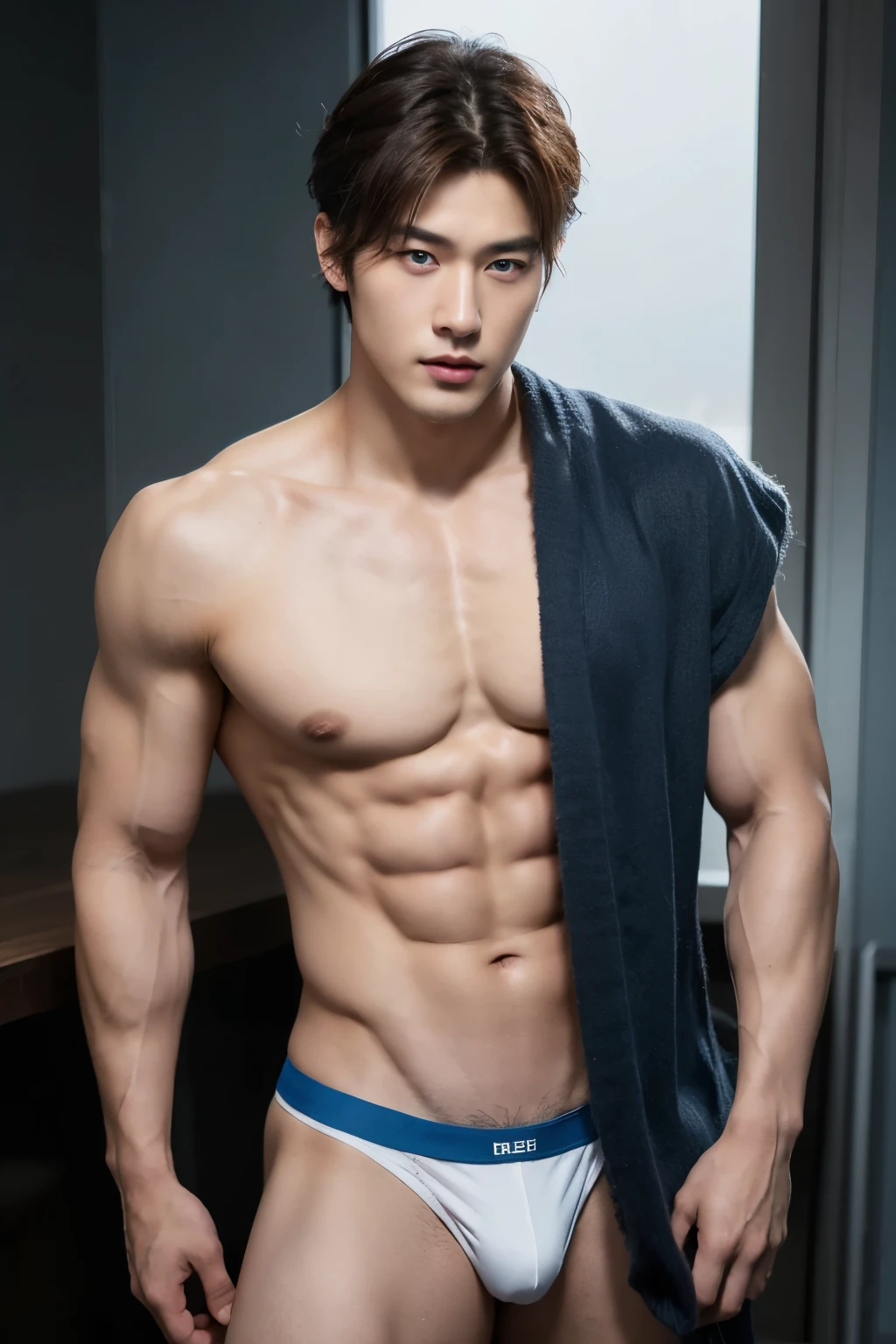 Create realistic images, High resolution photo with a handsome Korean guy, Heterochromatic blue colour eyes, He was shirtless..,show his full abs, wearing only black micro thong nice skin,Open it up...,short light brown hair.,strong