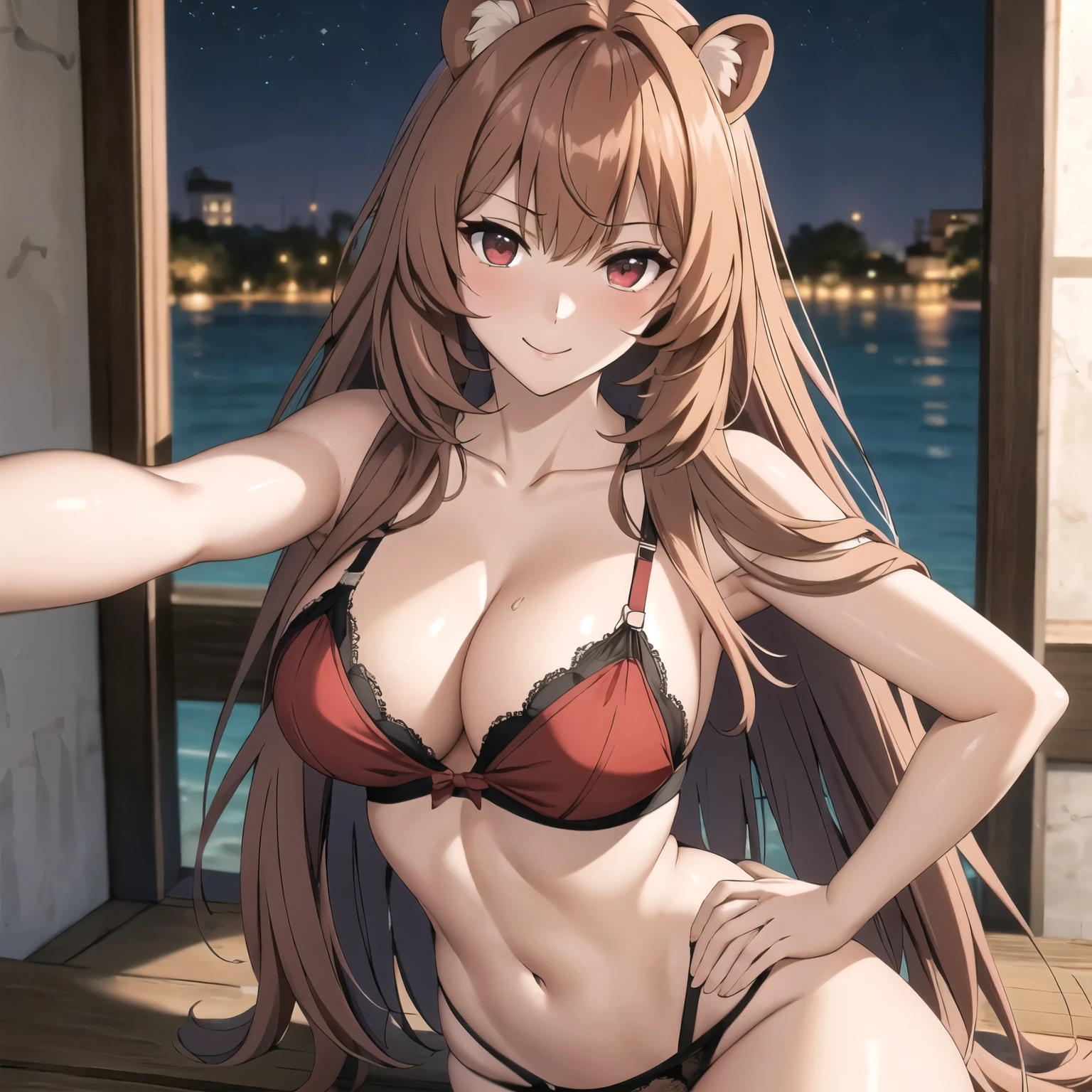 Raphtalia, attractive 25 year old woman, orejas de oso, cabello naranja brillante, detailed ruby red eyes, light skin shy smile embarrassed., rubor, mirada dulce, sexy black lingerie.  selfi. gotas de sudor en su pecho,  gotas de sudor en su cuerpo, , cabello mojado, habitacion rosada de noche. trasero grande imagen de espaldas.