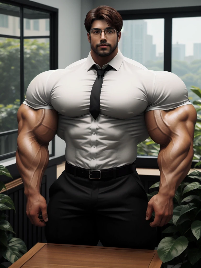 masterpiece, ONYX11, A 28-year-old mature male with huge muscles, Look at viewer, Line of sight focusing, Stand, flexing biceps, Wearing a white short-sleeved shirt, Black tie, Breast flower, Brown hair, Indoor, Outside the window is the garden, Rimless glasses, textured exotic skin, strong body, brutalmass, massive body, giant, bulk, large size, super detail, best quality, 8k