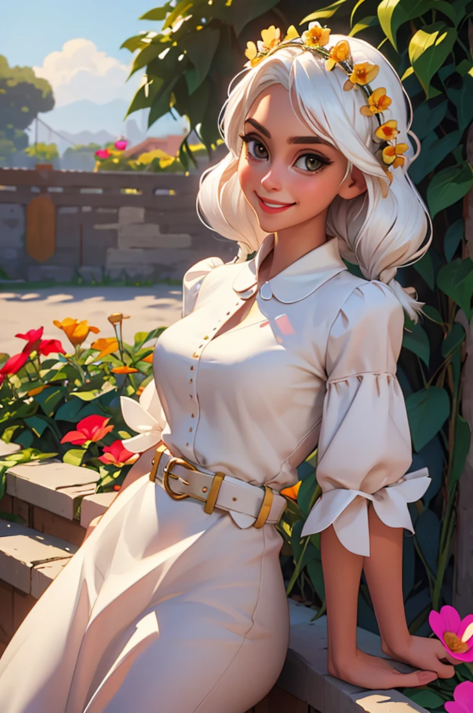 best quality, masterpiece,white hair, gold eyes,white clothes, looking up, upper body,hair strand,Fair skin,side braids Large chest,. Adorable, mature Woman,detailed big-eyed woman, round face. promenent red lips. Smileing,In the garden, large ass, wearing a cute floral sun dress. flower crown, Flower belt draped around waist. Picture from the side,looking at the scenes, intense colors, Very valuable details, complex details, volumetric lighting, digital art, 8k, trending on Artstation, Clear focus, complex details, highly detail, Greg Rutkowski Big Eyes, high-resolution, Black hair. Alison Brie., attractive chest, .Photorealistic. Confidence, self esteem, assertiveness, dominance. wide Amused smile. ecstastic expression.