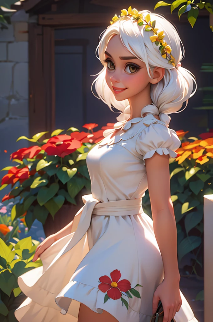 best quality, masterpiece,white hair, gold eyes,white clothes, looking up, upper body,hair strand,Fair skin,side braids Large chest,. Adorable, mature Woman,detailed big-eyed woman, round face. promenent red lips. Smileing,In the garden, large ass, wearing a cute floral sun dress. flower crown, Flower belt draped around waist. Picture from the side,looking at the scenes, intense colors, Very valuable details, complex details, volumetric lighting, digital art, 8k, trending on Artstation, Clear focus, complex details, highly detail, Greg Rutkowski Big Eyes, high-resolution, Black hair. Alison Brie., attractive chest, .Photorealistic. Confidence, self esteem, assertiveness, dominance. wide Amused smile. ecstastic expression.