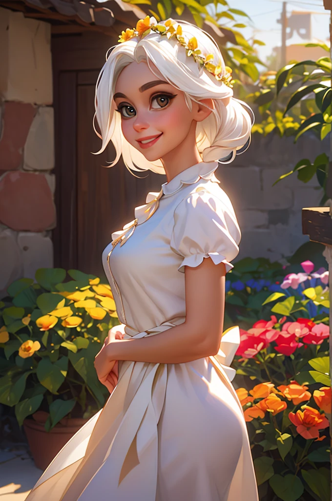 best quality, masterpiece,white hair, gold eyes,white clothes, looking up, upper body,hair strand,Fair skin,side braids Large chest,. Adorable, mature Woman,detailed big-eyed woman, round face. promenent red lips. Smileing,In the garden, large ass, wearing a cute floral sun dress. flower crown, Flower belt draped around waist. Picture from the side,looking at the scenes, intense colors, Very valuable details, complex details, volumetric lighting, digital art, 8k, trending on Artstation, Clear focus, complex details, highly detail, Greg Rutkowski Big Eyes, high-resolution, Black hair. Alison Brie., attractive chest, .Photorealistic. Confidence, self esteem, assertiveness, dominance. wide Amused smile. ecstastic expression.