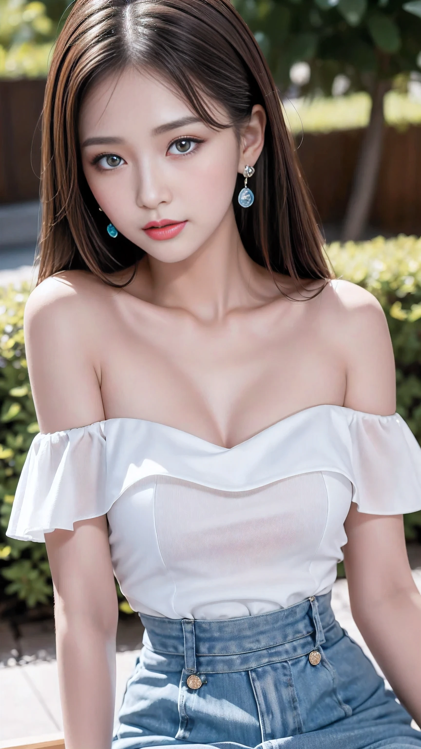 Fashion trendy beautiful and charming woman, gentle and charming Chinese beautiful woman, delicate and sexy collarbone, charming oval face, double eyelids, smart peach blossom eyes, pink lips, small nose, bare shoulders, focus on the face, close-up of the face, Ultra-high-definition, super-detailed, the white off-the-shoulder shirt perfectly echoes the light blue slit skirt, fresh and impressive