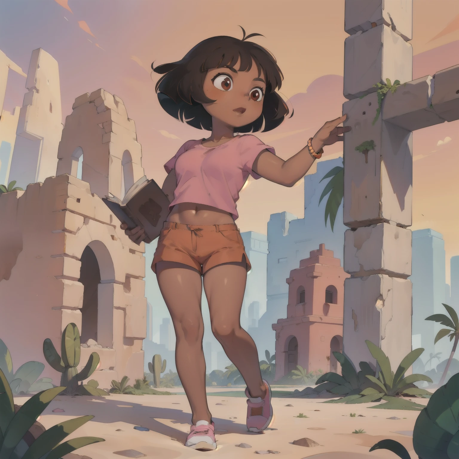 ((masterpiece, best quality)), full body, (solo 0.6), Dora, bracelet, (dark skin 0.6), dark brown hair, short hair, brown eyes, daytime, desert ruins, pink top, orange shorts, holding a book, young, large breasts