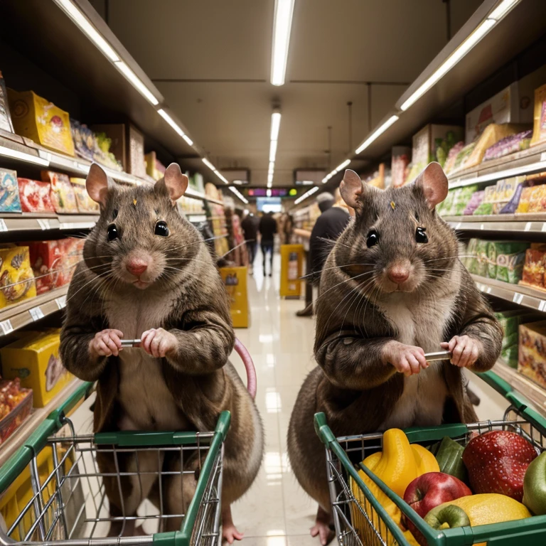 (Best quality, ultra-detailed: 1.5), Masterpiece: 1.1, A rat family, shopping at a supermarket, Rat heads, rodent features, (intricate details), (glowing eyes: 0.8), brown fur, pointed snouts, expressive faces, Cheerful and focused, gathering fruits and vegetables, Evocative lighting, (warm colors: 0.9), (High dynamic range: 1.2), detailed textures, carrying shopping bags, (Authentic: 1.1), capturing the essence of their daily life, cohesive and harmonious composition. (Reference: real-life rodent photographs), bright, clear, sharp