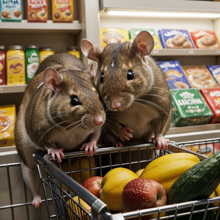 (Best quality, ultra-detailed: 1.5), Masterpiece: 1.1, A rat family, shopping at a supermarket, Rat heads, rodent features, (intricate details), (glowing eyes: 0.8), brown fur, pointed snouts, expressive faces, Cheerful and focused, gathering fruits and vegetables, Evocative lighting, (warm colors: 0.9), (High dynamic range: 1.2), detailed textures, carrying shopping bags, (Authentic: 1.1), capturing the essence of their daily life, cohesive and harmonious composition. (Reference: real-life rodent photographs), bright, clear, sharp