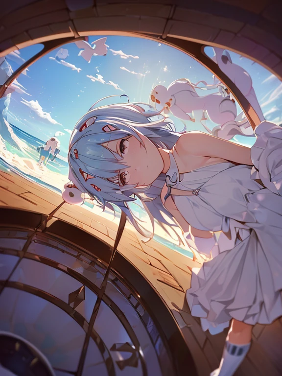 (((Ayanami Rei))),((((ROMPER,Design an image with a fisheye lens effect, capturing a wide field of view with a distinctive, perspectiva curva.ROMPER,)))1 chica,solo,(obra maestra,Mejor calidad, arte oficial,apuntar a los espectadores, beautiful y aesthetic:1.3),((ultra high resolution,golden ratio,)) (4k),((visto desde abajo,atardecer,in the ocean)),((((Burbujas,))))dynamic lighting, cinematic lighting,(Fancy,dreamer,mapeo de fotones, radiosidad, physically based rendering,automatic white balance), technological sense,asombroso,sharp focus,Fondo rico, (((high detallado skin,)))dynamic lighting,intricate detallado outfit,ojos brillantes,ojos llorosos,((cabello corto,))expressionless face,Pieles,esbelto,Traje blanco,headgear,(obra maestra sidelighting),(bishoujo,lustroso),(pelo azul cielo,ojos rosados,）[[delicate fingers y hys:0.55]::0.85],(Detalle de los dedos),(((Ultraphotographic quality,ultra wide angles)))),((incredibly absurd,Fotorrealidad)),tiro de cuerpo completo,((extremadamente_detallado_eyes_y_rostro)),(pelo despeinado),chica de cine,(Dynamic configuration: 1.2),brillante,nebulosa a la deriva,ethereal, Lustroso ,contraste sorprendente,