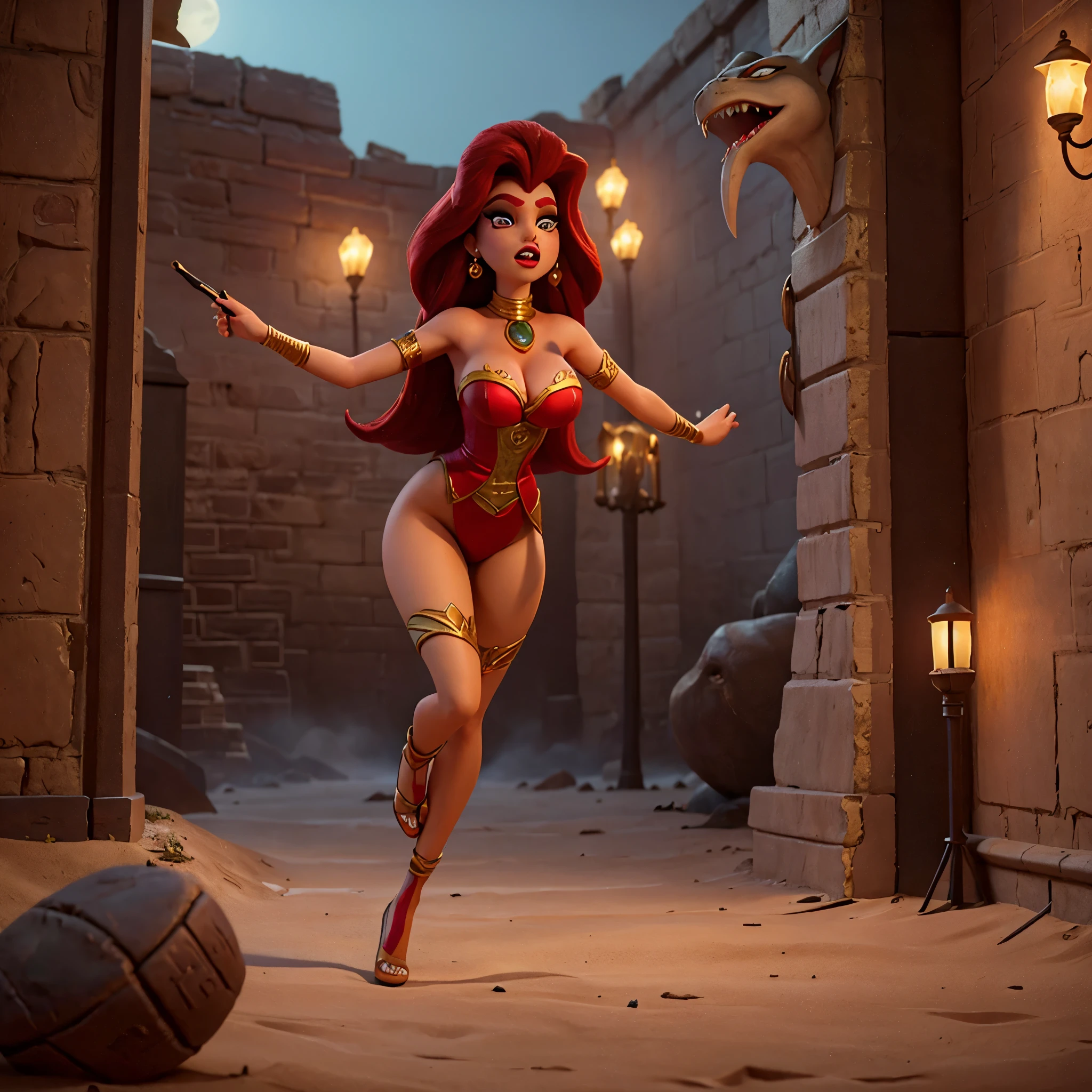 (Set in an Eldritch Horror, many eldritch monsters stalk the damsel) In ancient Egypt, (realistic Jessica Rabbit (Egyptian themed sultry makeup) in a (dressed appropriate to the scene)), alluring sultry, is panicked and struggling to run across the desert, she is being pursued by a large sex crazed eldritch monstrosity, moonlit night,painting-like,rich texture,full of details,masterpiece:1.2,realistic,photorealistic:1.37,ultra-detailed,professional, HDR,UHD,studio lighting,ultra-fine painting,sharp focus,physically-based rendering,vivid colors,bokeh,portraits,horror,landscape,realism,sci-fi,photography,concept artists,warm color palette,soft and diffused lighting