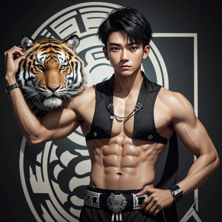 20-year-old boy in Japanese clothes with tiger print, slim muscular complexion, black and silver, short black hair, facing the viewer, silver fabric belt, band with tiger symbol, in the background of a Chinese altar