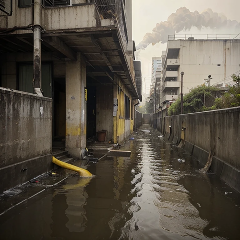 The gutters drip a yellowish liquid that testifies to pollution, from a dirty and filthy atmosphere.