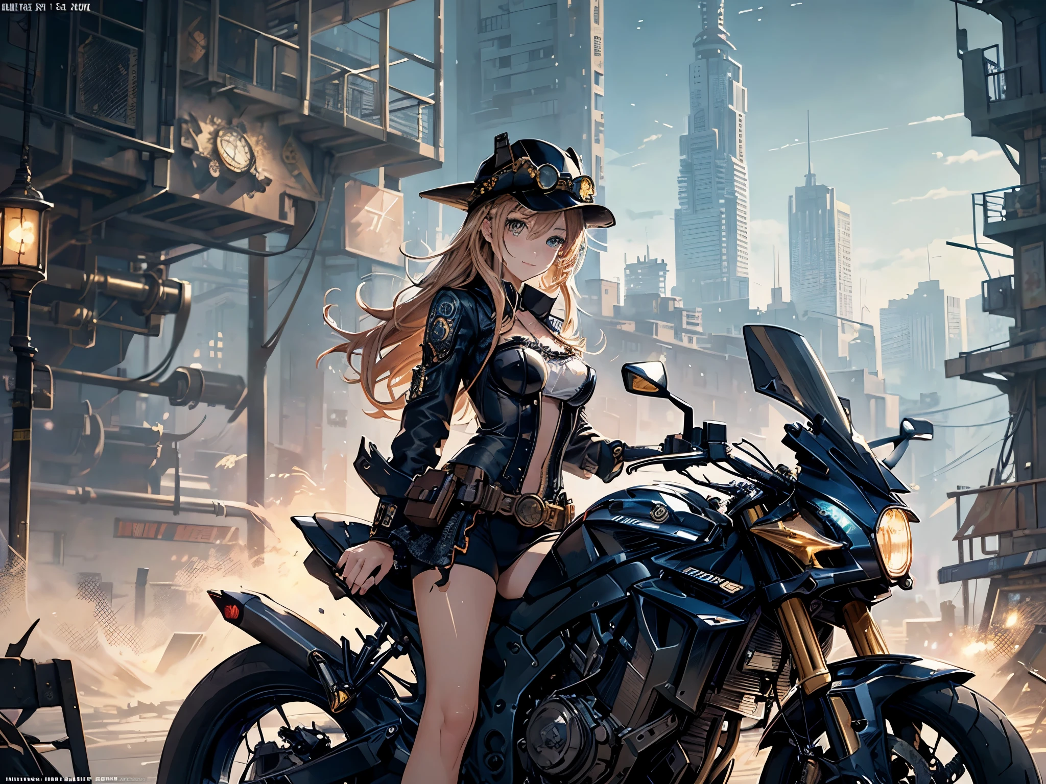 (comic book style),(line drawing_anime),(cowboy shot, highest quality, ),(Laura Budd Photos:1.2),(Laura Add Details:1.0),8K, flat color:0.8,1 girl,smile、(Steampunk bike ride 1.5)、Exquisitely decorated motorcycle、(Highly decorative and complex mechanical steampunk fashion, lace flare dolphin hat、goggles 1.5、machinery background、Gear background、Intricately mechanized steampunk cityscape 1.5),