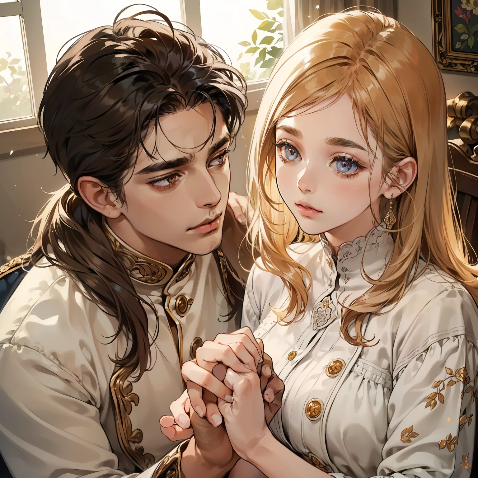 (Brown man and white woman: 1.2), holding hands tightly, (ultra-detailed: 1.4), the woman's face is incredibly cute, (detailed features, expressive eyes: 1.4), she wears a beautiful ring on her left hand, (shiny and intricately designed: 1.2), the background is simple but peaceful, (soft focus, warm lighting: 1.4), capturing a moment of love and companionship.