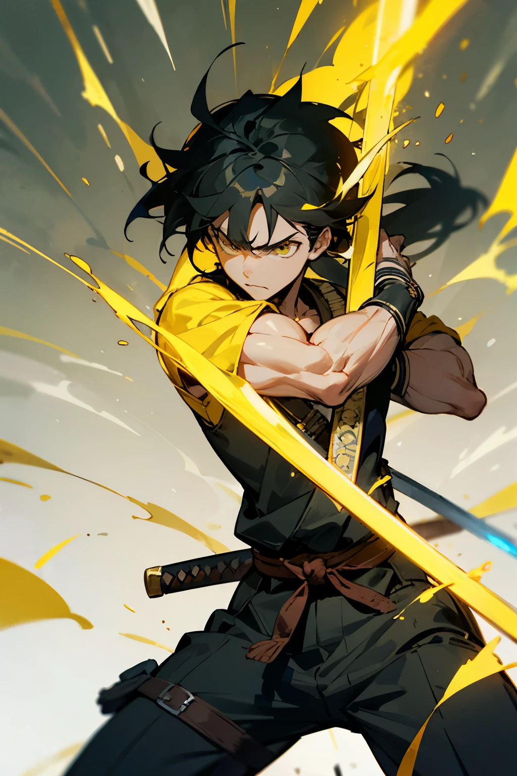 Black hair, man, yellow aura, strong, one simple steel sword, sheath