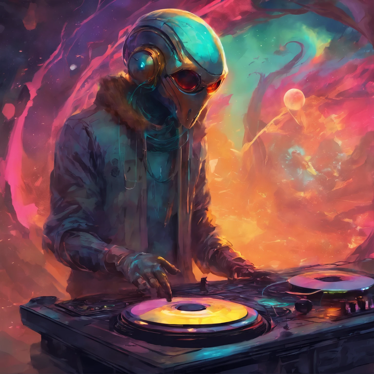 (best quality,highres,masterpiece:1.2),alien DJ playing turntables,grunge elements,raw textures,distressed textures,ink splatters,moody palette,vibrant neon colors,Studio Ghibli style