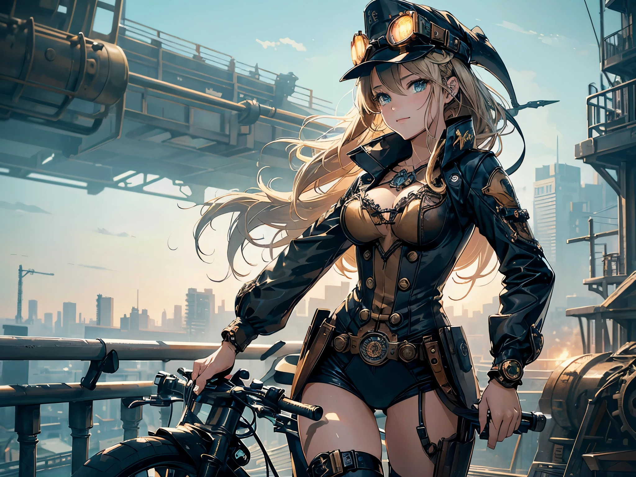 (Line art_anime),(Cowboy Shot, Highest quality, ),(Laura Budd Photos:1.2),(Laura Add details:1.0),8k, Flat Color:0.8,Dynamic Angle,1 girl,smile、(Steampunk bike ride:1.5)、An elaborately decorated bike、(Highly decorative and complex mechanical steampunk fashion, Lace flare dolphin hat、Goggles 1.5、machinery background、Gear background、An elaborately mechanized steampunk cityscape 1.5),