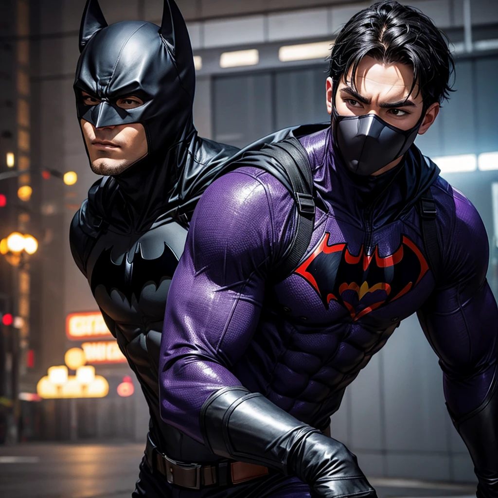 A guy with black hair wearing a mask that only hide his eyes he wear a batman costume in purple and black