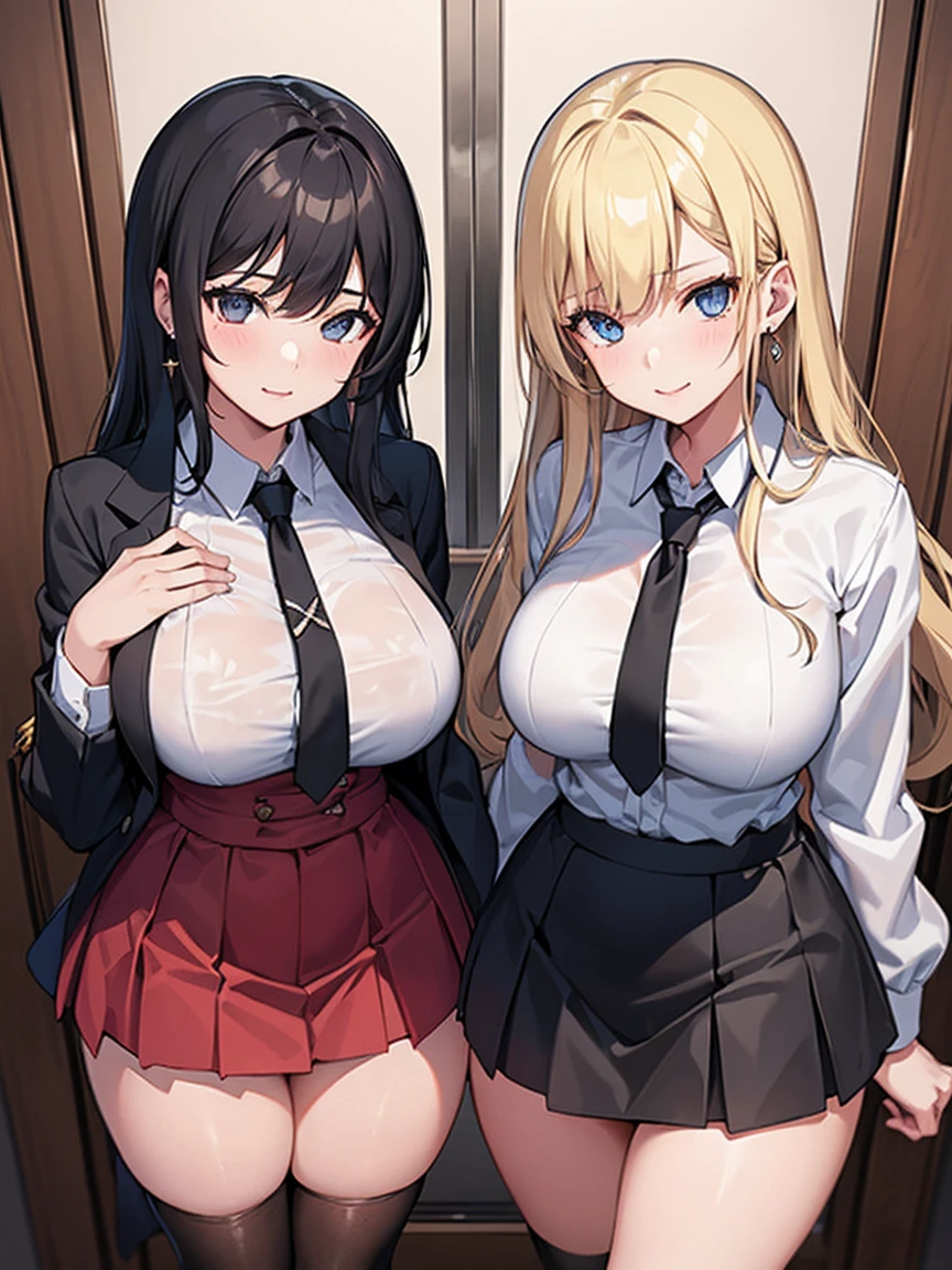 (masterpiece), best quality, (SHARP details), 4k, expressive eyes, SHARP detail expressive eyes, (SHARP detail perfect face), (2 girls), wearing , highschool students, plaited school skirt, BREAK, (left girl is wearing a highschool shirt with cleavage, left girl has blonde long hair, left girl has droopy eyes, ditzy, large breasts, hourglass figure, nice hips, wavy hair, left girl is a blonde gyaru with earrings), BREAK, (right girl is wearing a highschool uniform, right girl has black hair, sharp eyes, right girl is a black haired honor student, huge breasts, voluptuous, wide hips), BREAK, both girls are standing, both are looking at viewer, (inside private home), bedroom, dumb, sluts, (standing next to each other), smiling, lewd,
