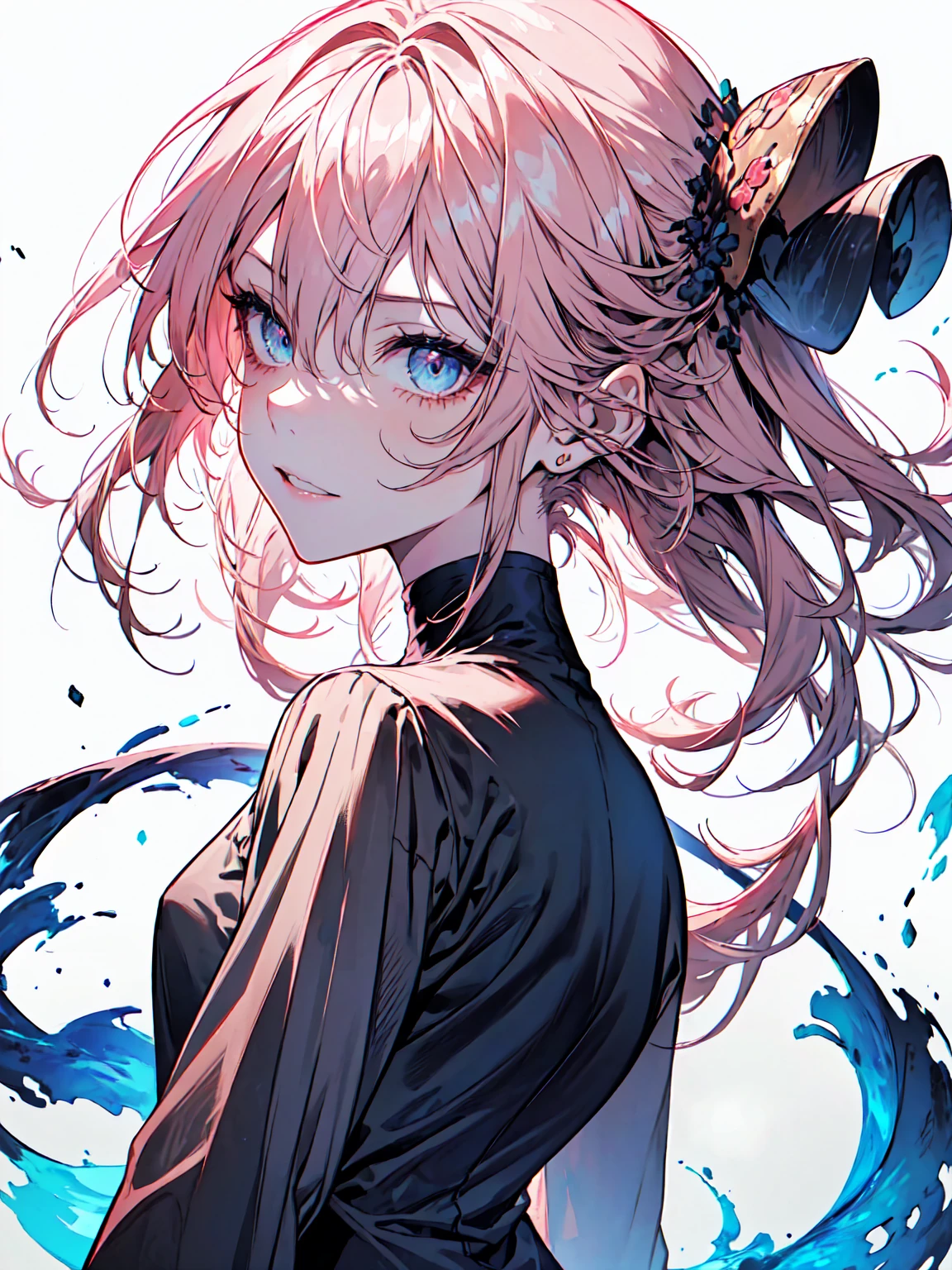 masterpiece, best quality, pink hair, bangs, short hair, ((hair between the eyes)), sidelocks, messy hair, light blue eyes, fair skin, closed mouth, smiling, (1girl, solo, female focus:1.7), (sleevesless gray turtleneck:1.5), pink sweater shirt, nice hands, perfect hands, (white background:1.6), (half body adaptable: 1.9), ((child)), anime girl looking from behind, best anime 4k konachan wallpaper, anime art wallpaper 8 k, splash art anime, anime style 4 k, anime art wallpaper 4 k