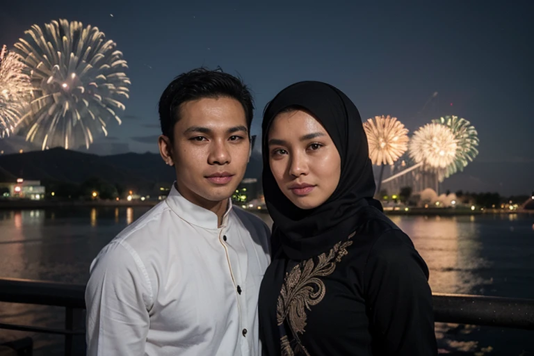 real photo. A handsome indonesian man 30th . beautiful woman 28th, wearing a black moslem costume, is on a quiet mosque page at night full of fireworks in sky ,