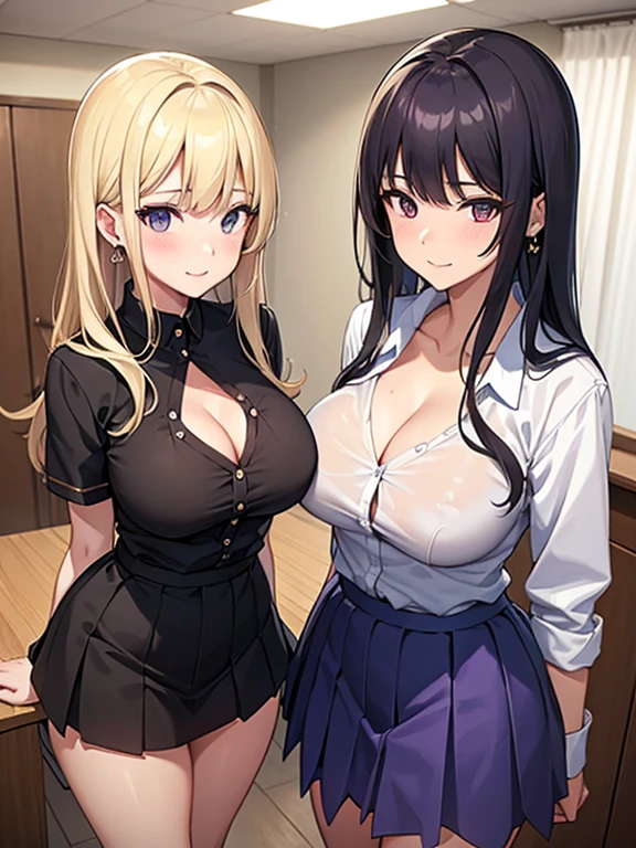 (masterpiece), best quality, (SHARP details), 4k, expressive eyes, SHARP detail expressive eyes, (SHARP detail perfect face), (2 girls), wearing , highschool students, plaited school skirt, BREAK, (left girl is called Ayane), Ayane: (wearing a highschool shirt with cleavage, Ayane has blonde long hair, Ayane has droopy eyes, ditzy, large breasts, hourglass figure, nice hips, wavy hair,Ayane is a blonde gyaru with earrings), BREAK, (right girl is called Mako) Mako: (wearing a highschool uniform, Mako has black hair, sharp eyes, Mako is a black haired honor student, huge breasts, voluptuous, wide hips), BREAK, both girls are standing, both are looking at viewer, (inside private home), bedroom, dumb, sluts, (standing next to each other), smiling, lewd,