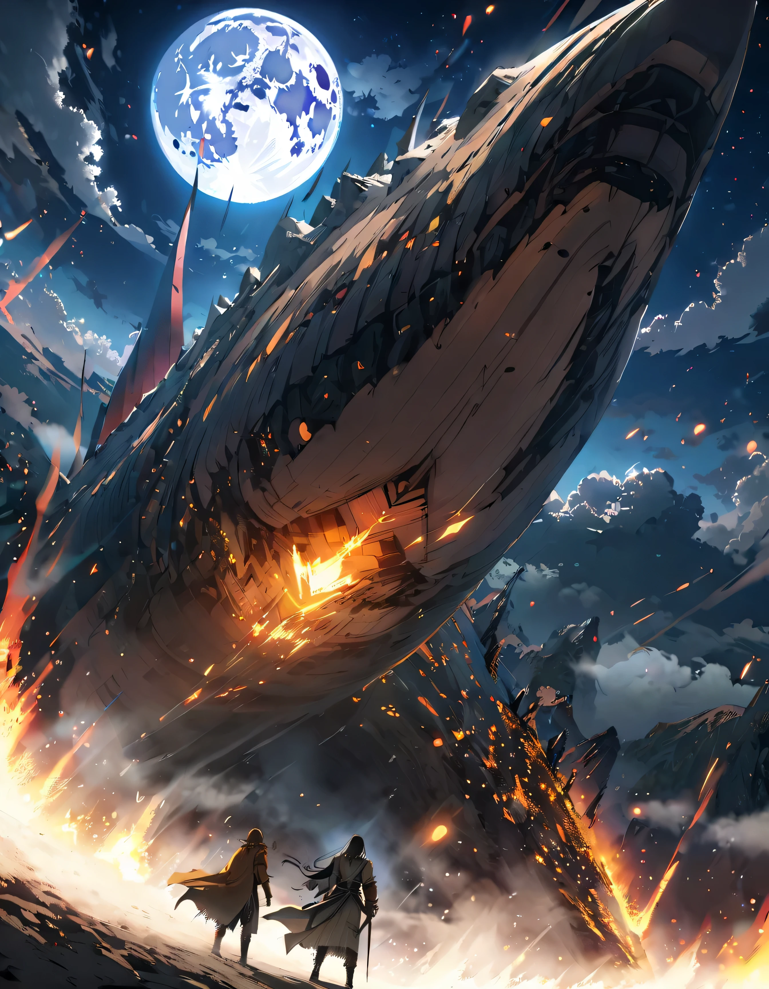 silver glass field, light fog, high moon, fool moon, night, starless, little dark long clouds, final battle atmosphere, murim, edge of the mountain, sekiro authentics, wide shot, from below, super detail, high quality, best quality, highres, 4K, masterpiece
